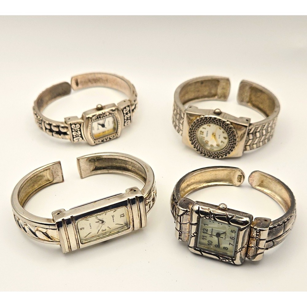 Lot of 4 Geneva Womens Cuff Watches.Silver & Gold Tone, New Batteries.